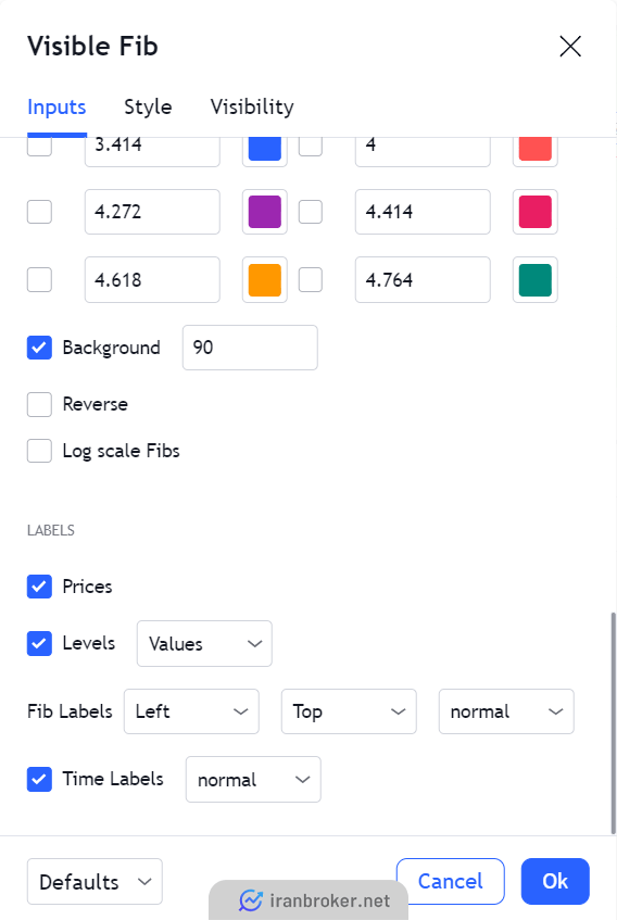 قسمت سوم منوی تنظیمات اندیکاتور فیبوناچی در تریدینگ ویو | Visible Fibonacci