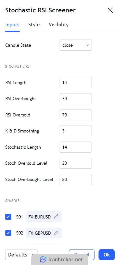 Stochastic RSI Screener setting