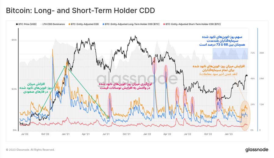 glassnode long and short term holder CDD