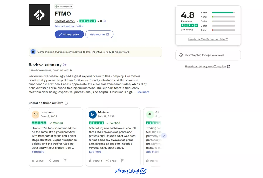 نظرات کاربران در تراست‌پایلوت (Trustpilot) اف‌تی‌ام‌او (FTMO)