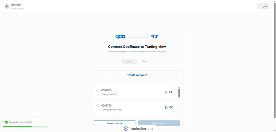انتخاب حساب در بروکر اوپو فایننس