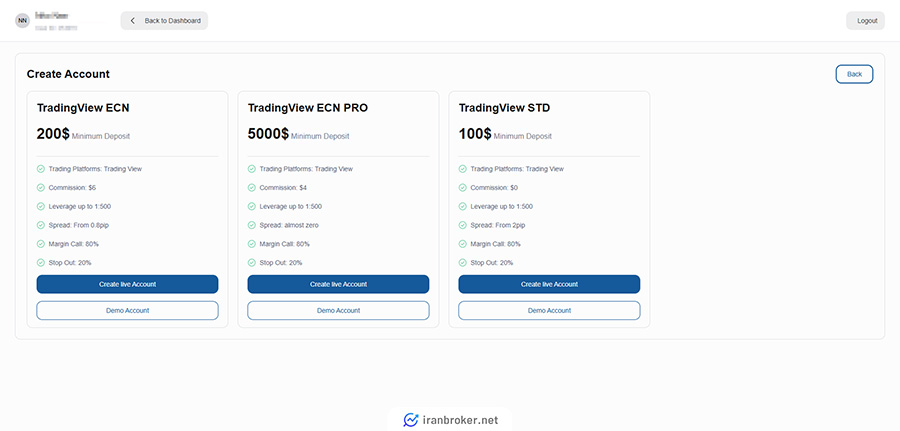 انتخاب حساب معاملاتی در بروکر اوپو فایننس
