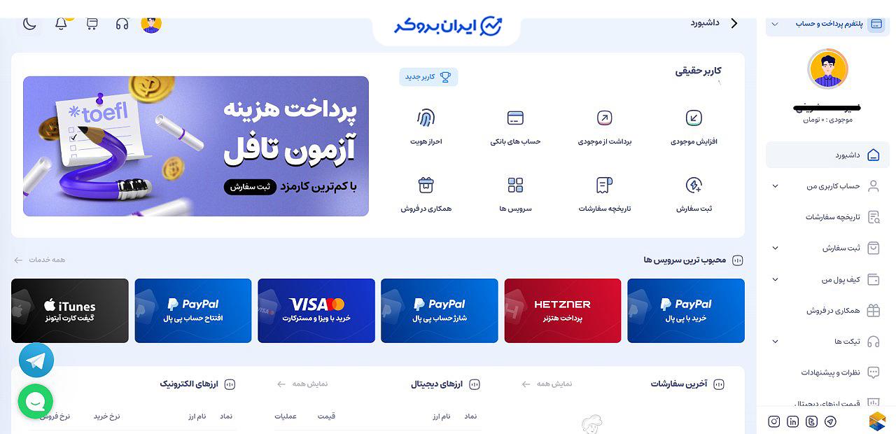 داشبورد کاربری صرافی کافه ارز