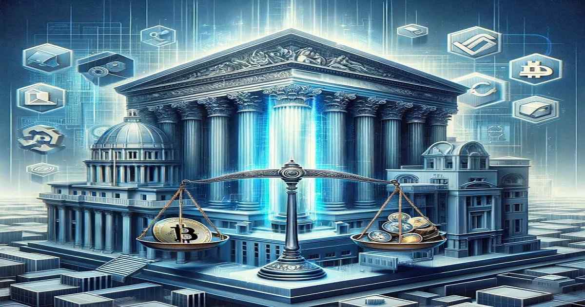 DALL·E 2023 12 15 23.04.24 A digital illustration representing the legal conflict between Coinbase and the SEC. The image shows a large imposing courthouse with classical archi 1