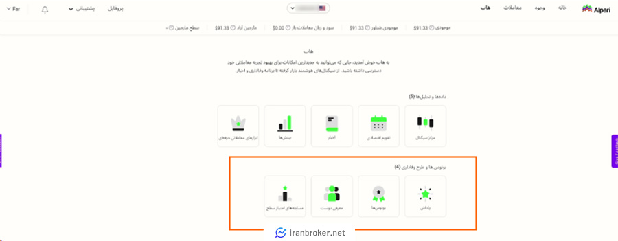 مشاهده بخش پاداش در بروکر آلپاری