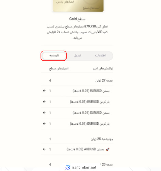 مشاهده تاریخچه فعالیت در بخش پاداش در بروکر آلپاری