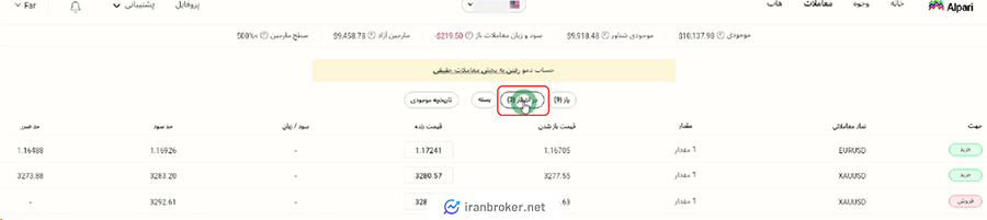 نمایش سفارشات در انتظار در بروکر آلپاری