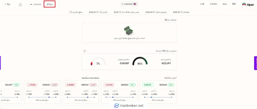ورود به پروفایل برای ساخت حساب معاملاتی واقعی در بروکر آلپاری