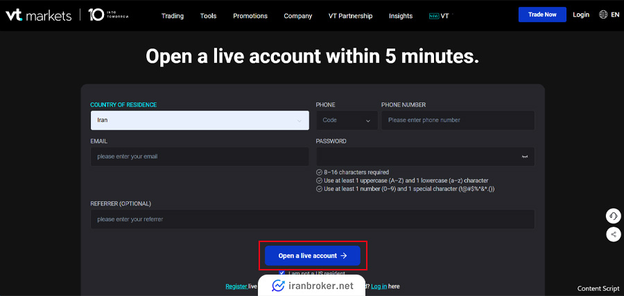 پر کردن فرم ثبت نام در بروکر وی تی مارکتس