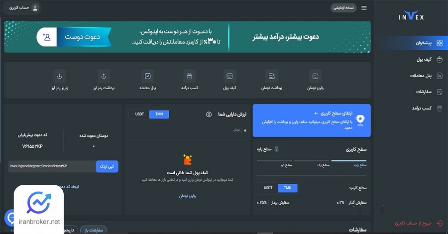 صفحه داشبورد اختصاصی صرافی اینوکس