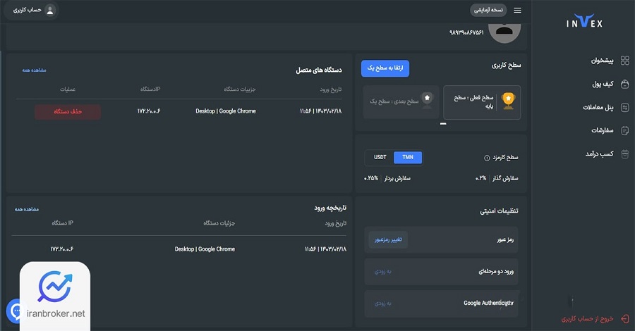 صفحه حساب کاربری صرافی اینوکس