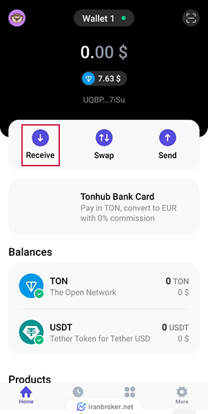 ورود به بخش دریافت در کیف پول تون هاب