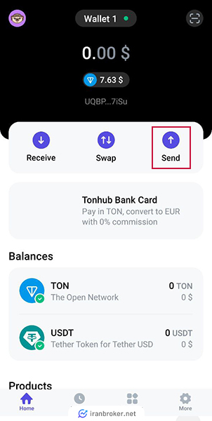 ورود به بخش ارسال در کیف پول تون هاب