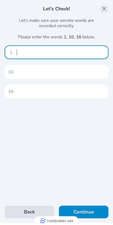 تکمیل فرم تایید عبارات کلیدی در کیف پول مای تون ولت