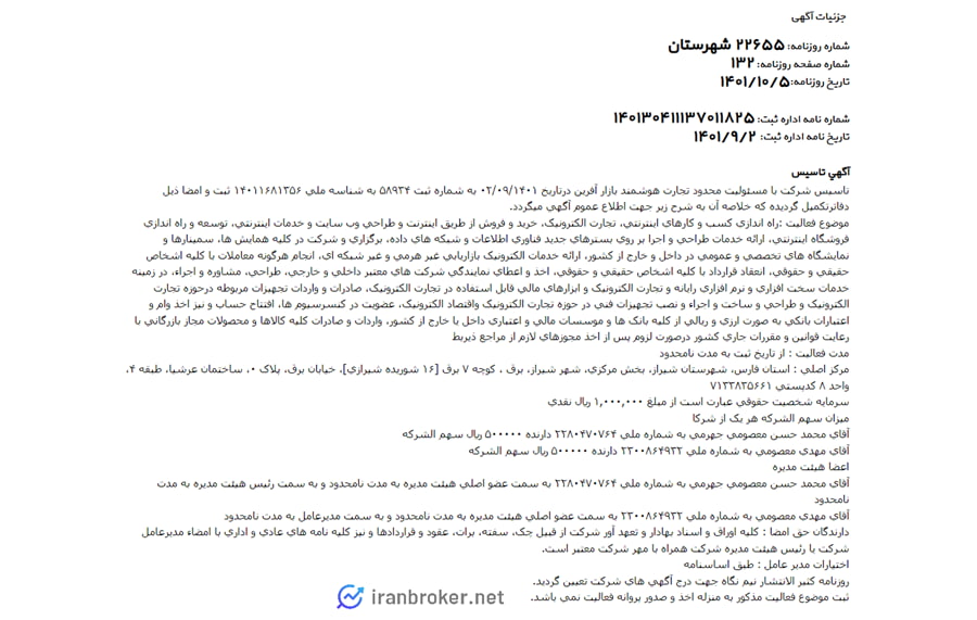 آگهی روزنامه رسمی شرکت کافه ارز