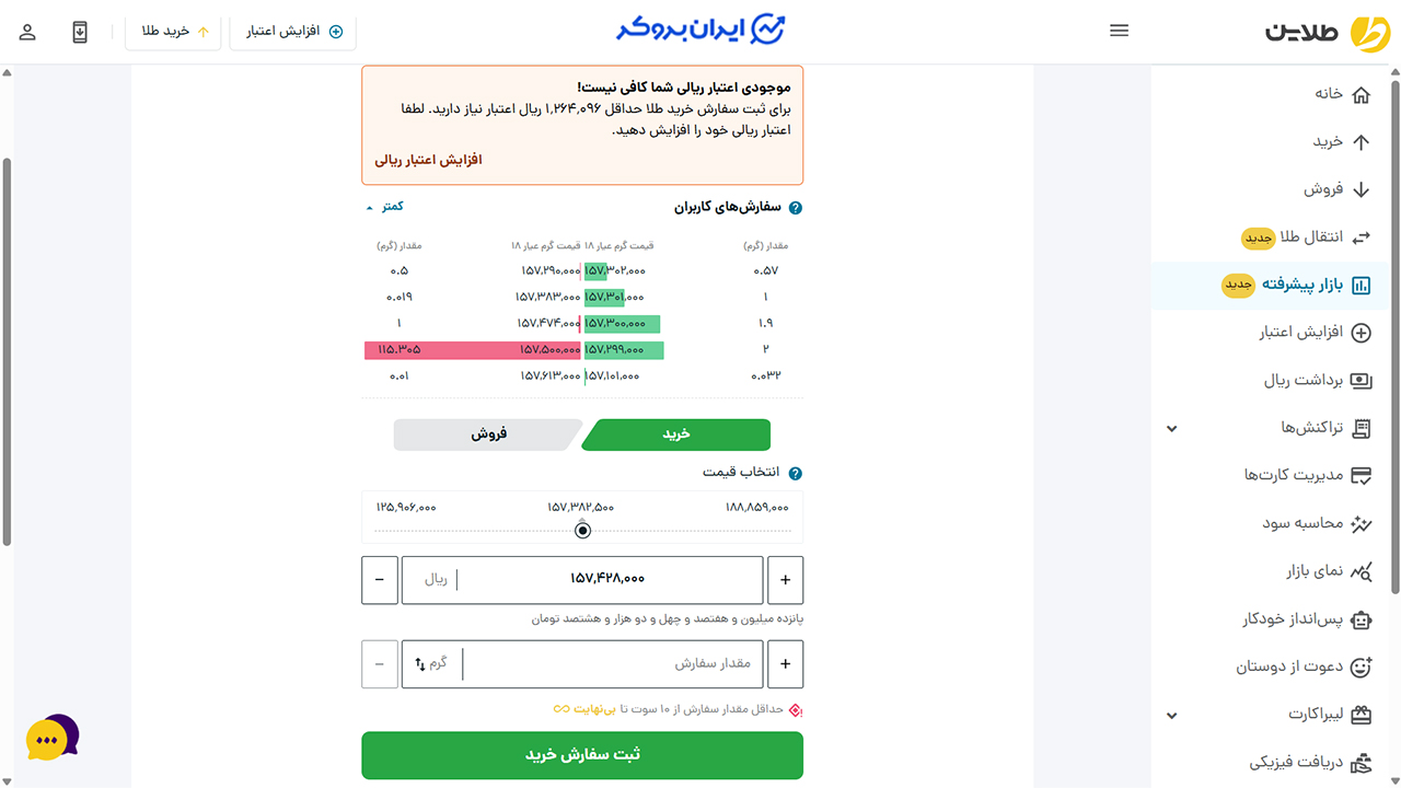 ثبت سفارش در بازار پیشرفته طلایین
