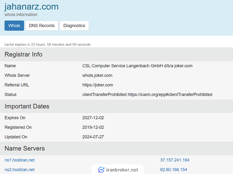 استعلام دامنه سایت صرافی جهان ارز در WHOIS