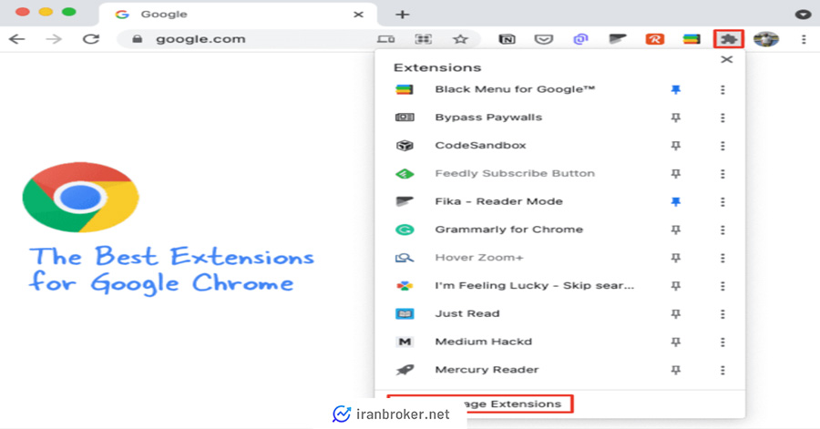 صفحه Manage Extensions در کروم