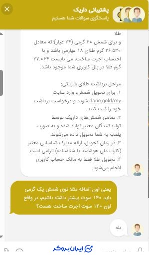 پشتیبانی داریک درمورد کارمزد تحویل فیزیکی طلا