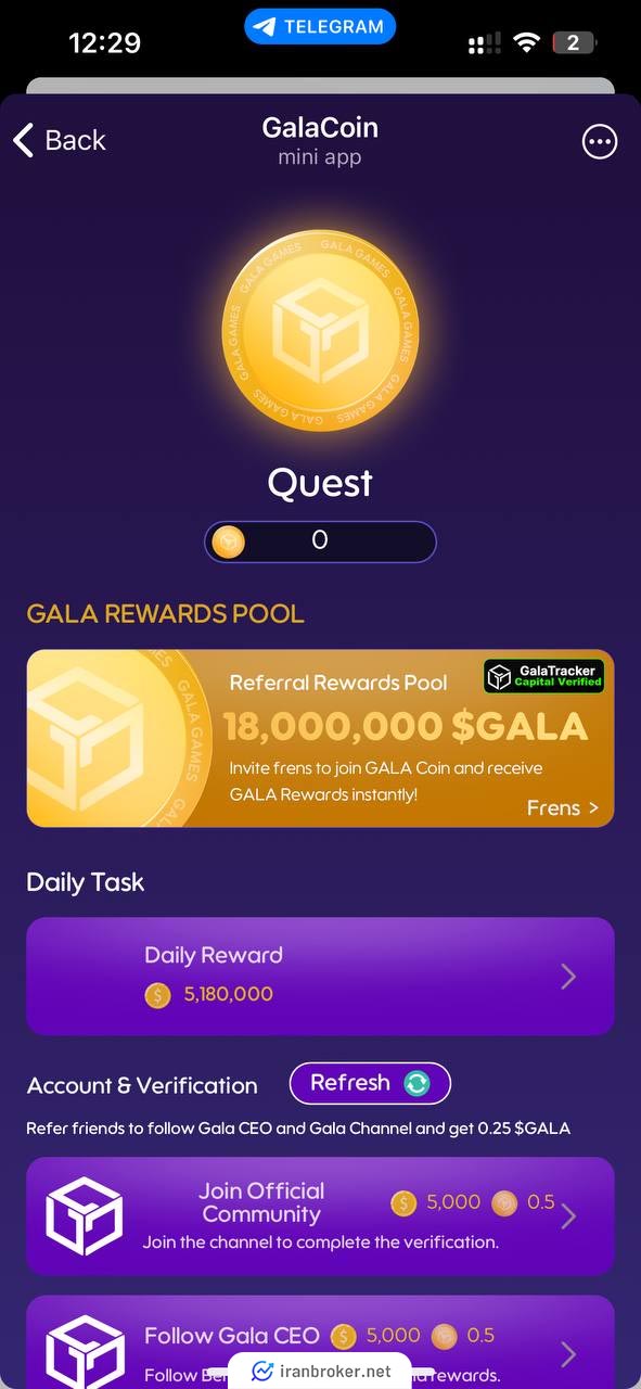 بخش Quest بازی تلگرامی گالا کوین