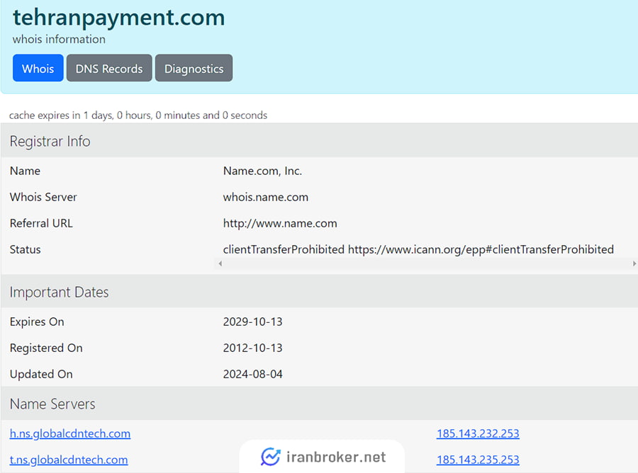 بررسی دامنه سایت تهران پیمنت در WHOIS