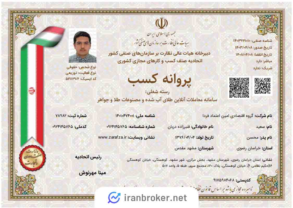 پروانه کسب معاملات آنلاین طلا زرافزا