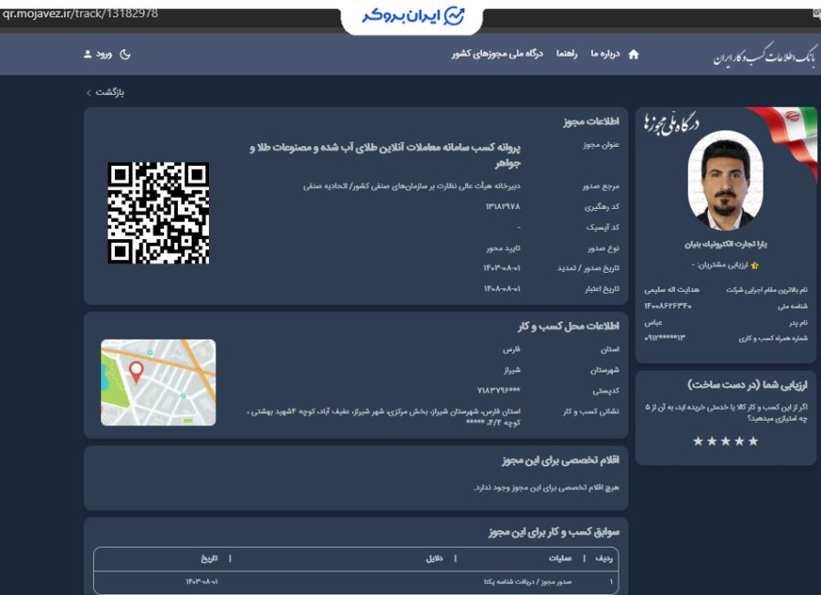 پروانه کسب سامانه معاملات آنلاین طلای آب شده ملی گلد از اتحادیه کشوری کسب و کارهای مجازی