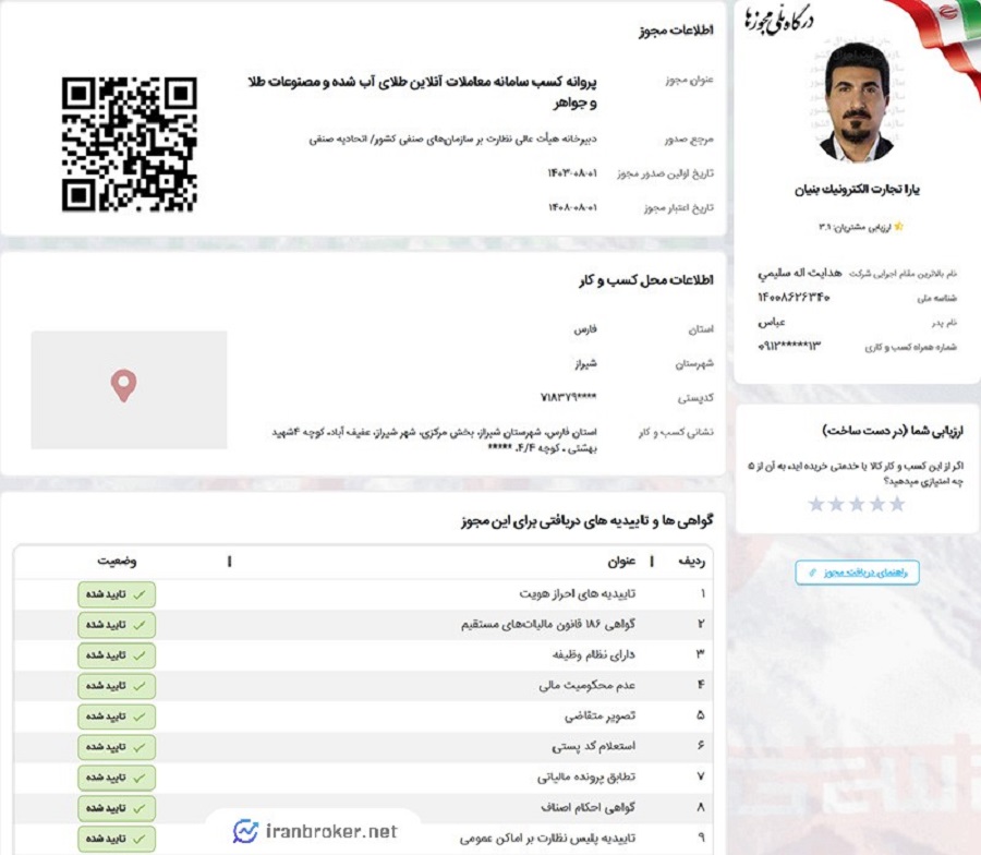 پروانه کسب سامانه معاملات آنلاین طلای آب شده ملی گلد از اتحادیه کشوری کسب و کارهای مجازی