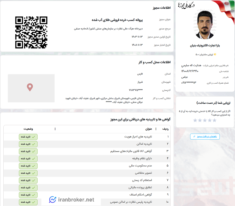 استعلام پروانه کسب خرده فروشی طلای آبشده ملی گلد در سامانه بانک اطلاعات کسب و کار ایران