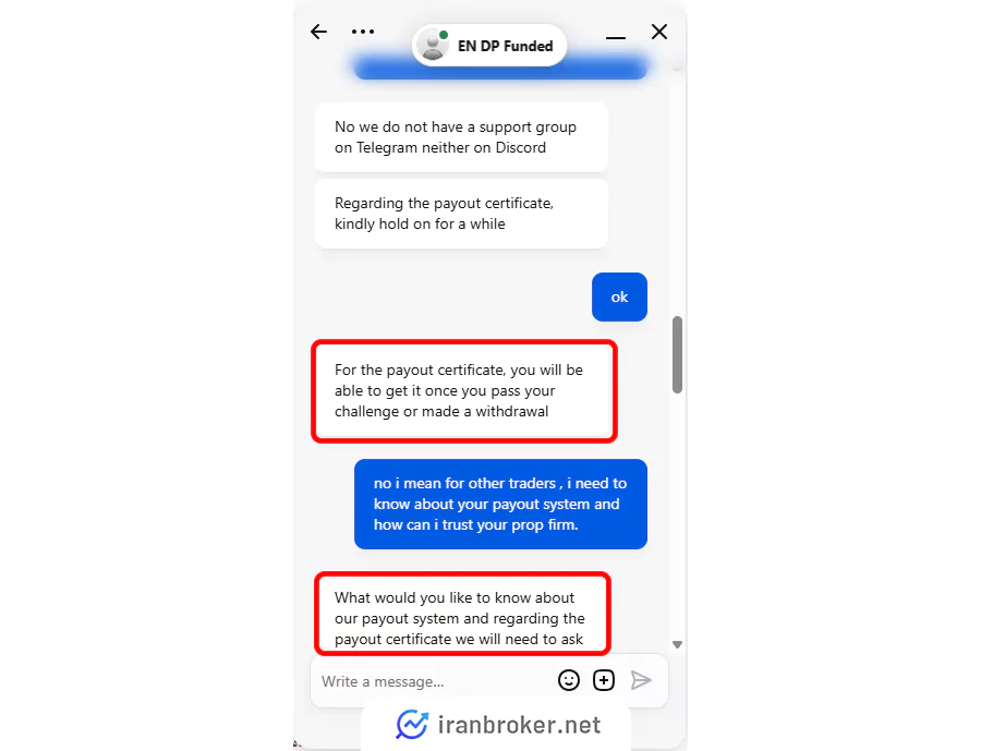 عدم پاسخ برای درخواست ارائه سرتیفیکیت پرداخت در پراپ دی پی فاندد