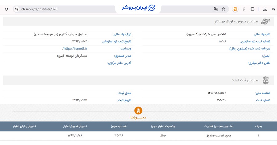 اطلاعات ثبتی صندوق فیروزه