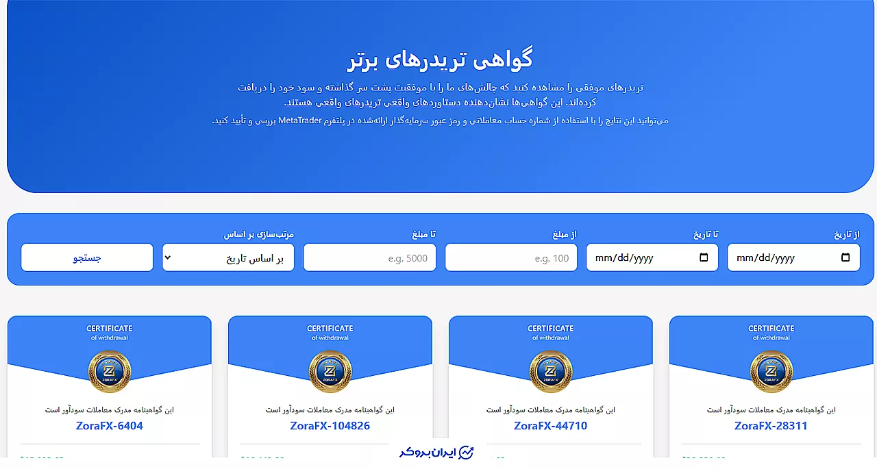 قسمت مربوط به گواهی های پرداخت در پراپ زورا