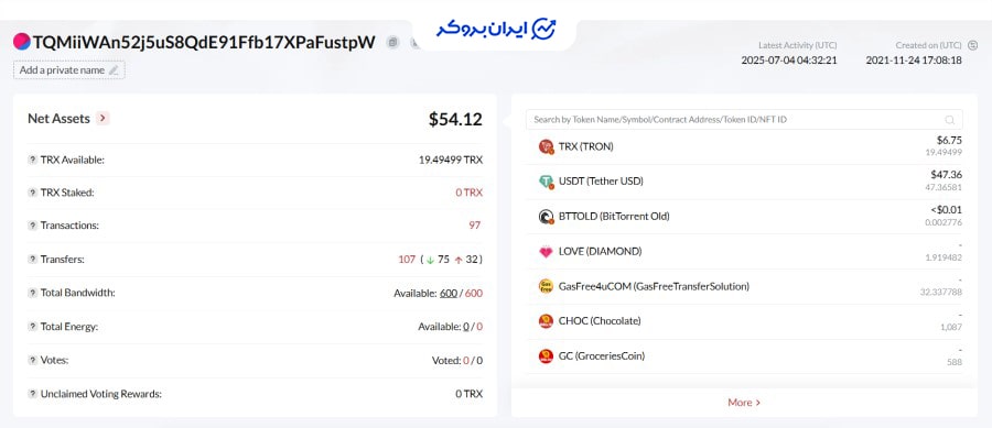 اطلاعات آدرس ولت Big Minings در مرورگر بلاکچین ترون