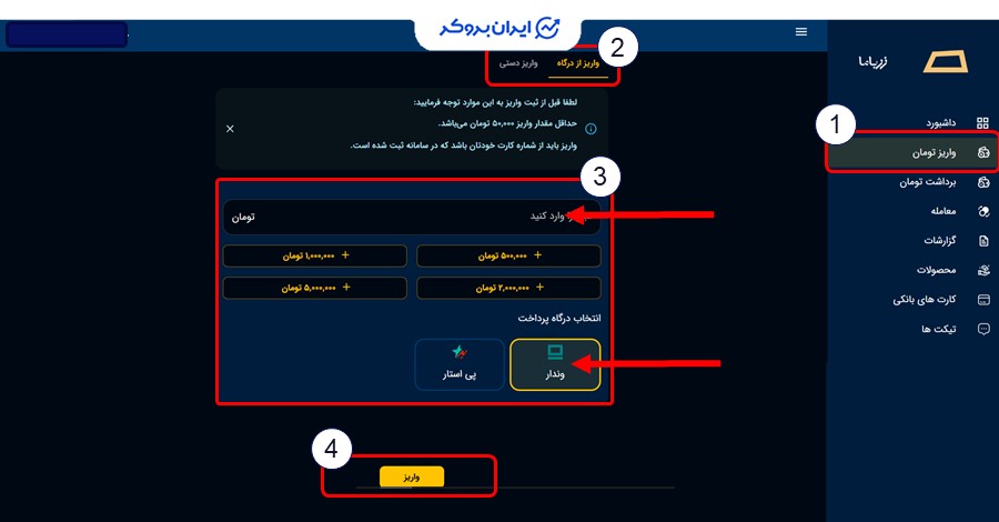 واریز وجه در پلتفرم زرباما