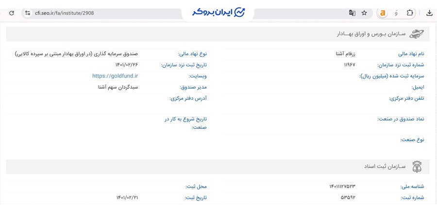 اطلاعات ثبتی صندوق طلای زرفام