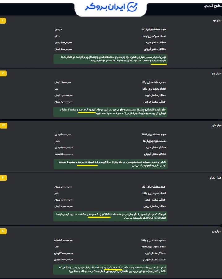 کارمزدهای سطوح کاربری عیارچی