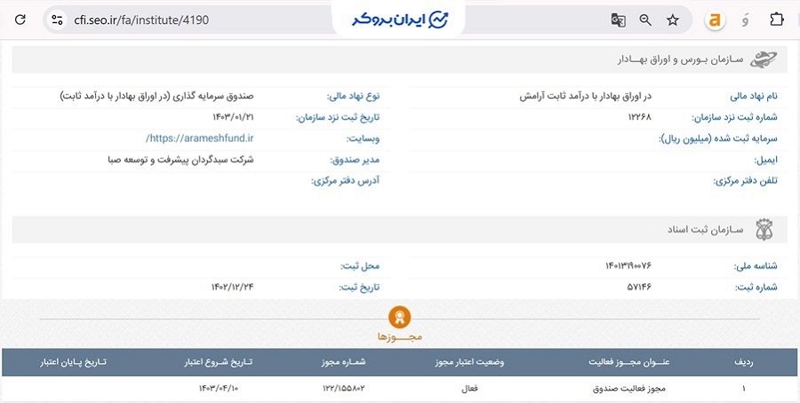 اطلاعات ثبتی صندوق آرامش