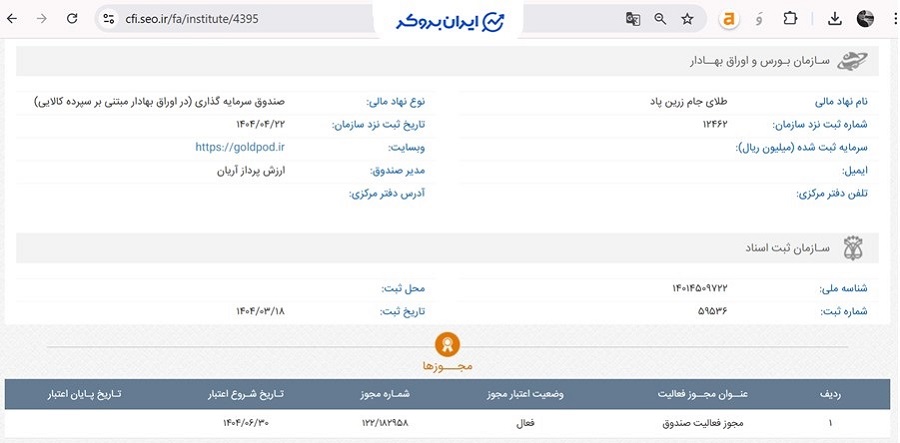 اطلاعات ثبتی صندوق در اوراق بهادار مبتنی بر سپرده کالایی طلای جام زرین پاد