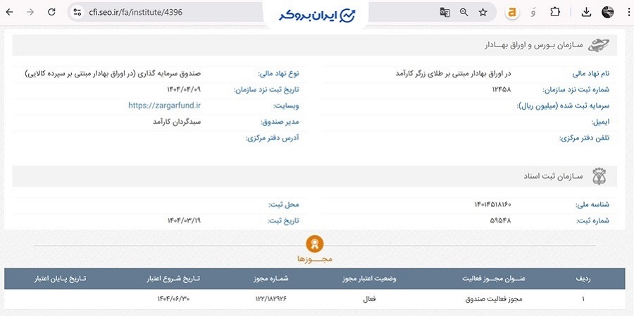 بررسی اطلاعات ثبتی صندوق زرگر