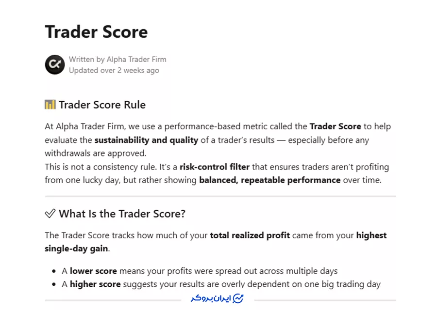 مشخصات Trader Score در پراپ فرم Alpha Funded