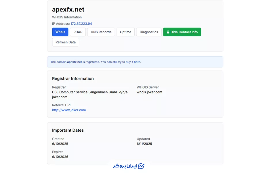 دامنه (Whois) پراپ فرم اپکس اف ایکس ApexFX