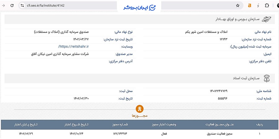 اطلاعات ثبتی صندوق املاک امین شهر