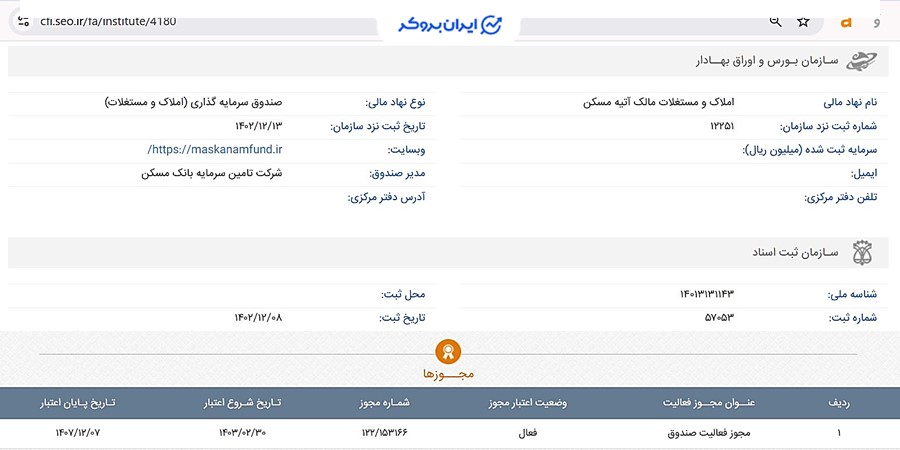 اطلاعات ثبتی صندوق املاک مالک آتیه