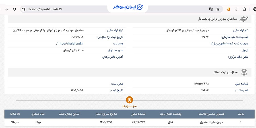 اطلاعات ثبتی صندوق طلای میراث