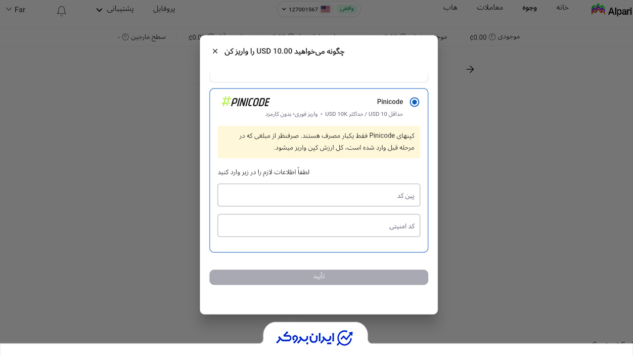 انتخاب روش پینی کد و ورود اطلاعات برای واریز به آلپاری