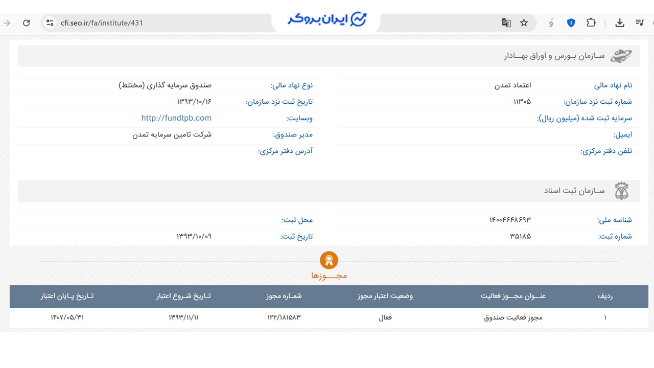  اطلاعات ثبتی صندوق سرمایه گذاری اعتماد تمدن