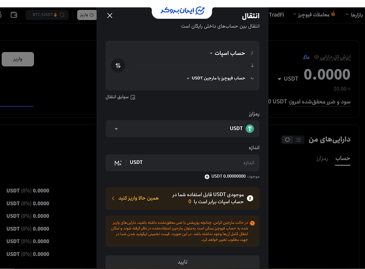 واریز به حساب فیوچرز TOOBIT