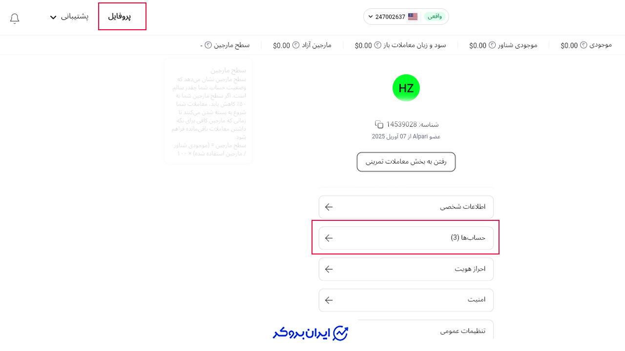 ورود به بخش حساب ها در پنل کاربری آلپاری