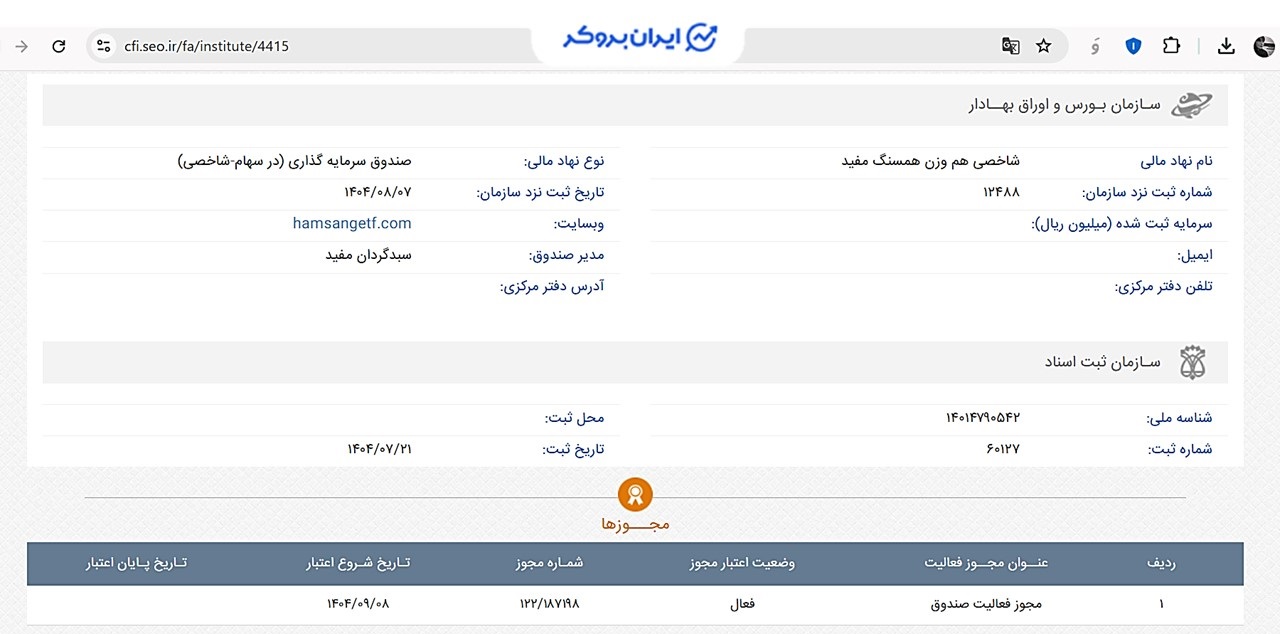 اطلاعات ثبتی صندوق همسنگ مفید