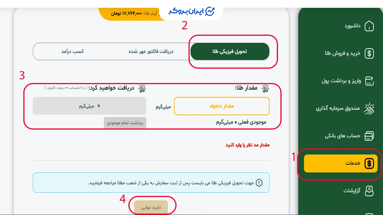 درخواست تحویل طلا فیزیکی
